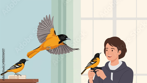 Person with bird on camera, another flying, one on books