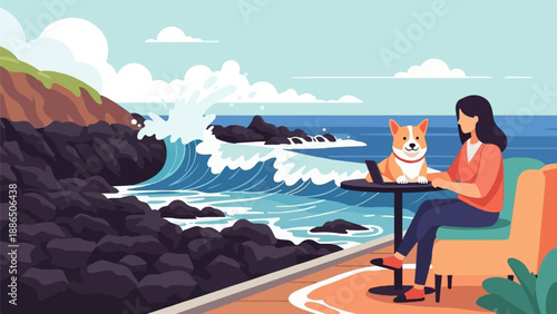 Person with corgi sits at a table by the ocean with waves crashing