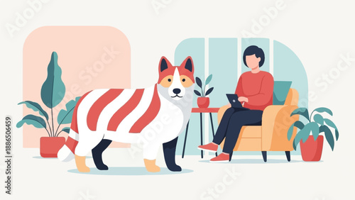 Person with dog and plants in a cozy, stylized indoor scene