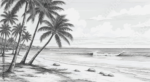 Tropical beach scene with leaning palm trees and ocean waves in sketch