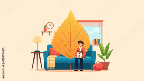 Person with dog sitting on sofa with giant leaf in cozy room