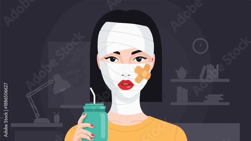 Person with face bandages and a drink, indoors with desk and shelves