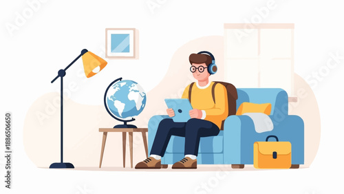 Person with headphones and backpack uses tablet while sitting on armchair