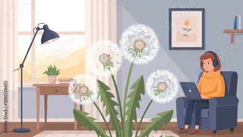 Person with headphones works on laptop in cozy room with dandelions