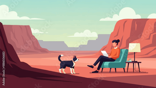 Person with laptop and dog in desert landscape with mesas and sky