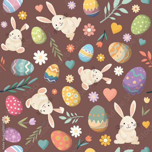 Cute Easter elements hand drawn seamless pattern with brown square background