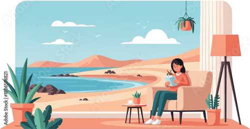 Person reading with dog and coffee, by a window overlooking a beach