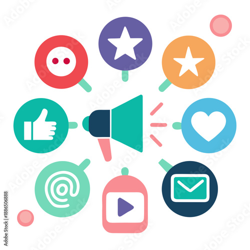 Vibrant social media icons surrounding a megaphone for marketing and communication