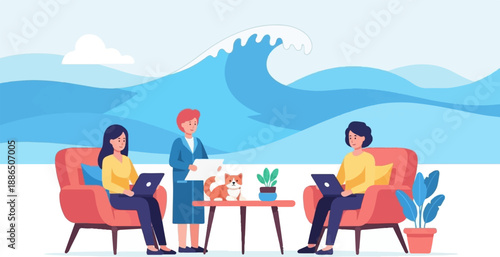 People working on laptops in a room with a giant wave in the background