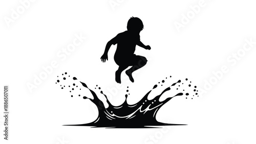 A silhouette of a child jumping into a splash of water on transparent background