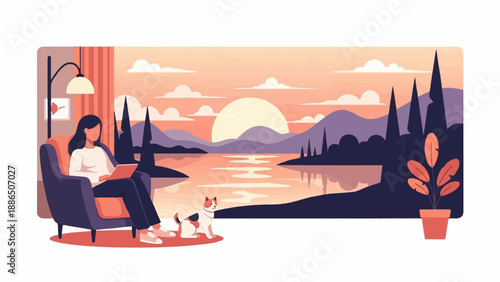 Person relaxes indoors with a pet and a tablet, overlooking a serene sunset landscape