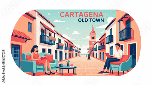 People working on laptops in a picturesque old town street