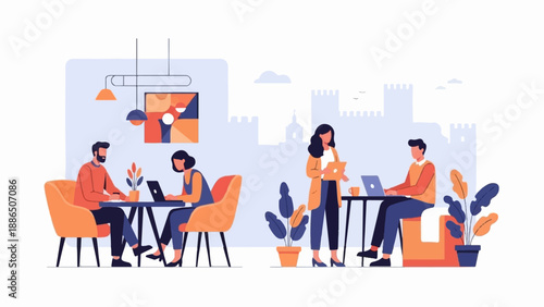 People working on laptops in a modern cafe with city skyline backdrop