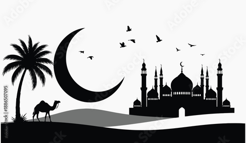 A serene islamic landscape with a crescent moon mosque and desert scene
