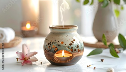 A candlelit ceramic diffuser with rising vapor, surrounded by candles and blooms