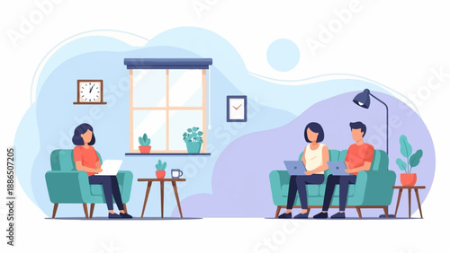 People working on laptops in a living room with minimalist decor