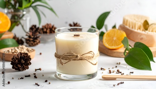 A candle in a clear glass with natural elements, evoking calm and natural fragrance