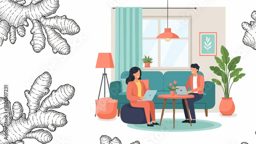 People working on laptops in a living room with ginger