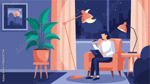 Person relaxing in armchair at night with laptop and plant, city lights outside