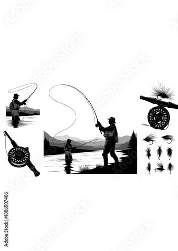 Fly Fishing Silhouette, Professional Angler Casting Line in River, Outdoor Recreation and Luxury Sporting Hobby Concept Vector