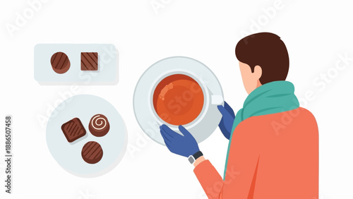 Person with scarf and gloves holds cup of tea, chocolates on plates