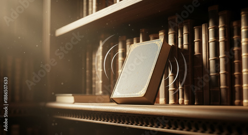 Digital Wisdom: Ancient Book Radiating Ethereal Signals on a Library Shelf