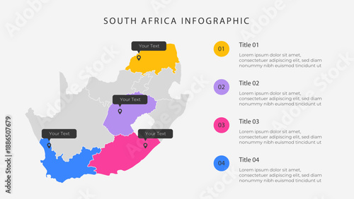 South Africa map infographic template with 4 options. South Africa political map infographic for presentation.