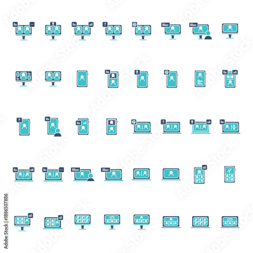 Digital communication and teamwork UI icons illustrating seamless user interaction, feedback, and collaboration for online conversation and customer support