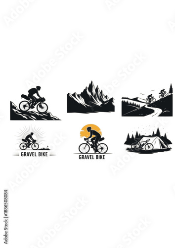 Gravel Biking Adventure Silhouette, Bikepacking Expedition on Rocky Terrain, Off-Road Cycling Lifestyle and Outdoor Fitness Vector