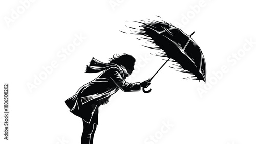 A woman struggles to hold onto her umbrella in strong winds as a silhouette
