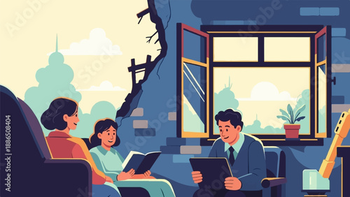 People interacting indoors with a window open to a bright, cloudy sky