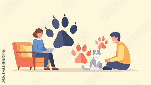 People interacting with a cat amidst paw print illustrations and comfortable seating