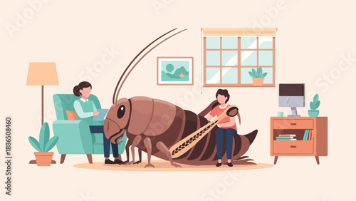 People interacting with a giant insect in a home setting, one with a tablet, one with a tool