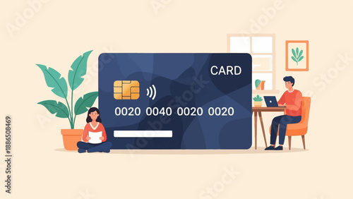 People interacting with a large credit card and performing online activities