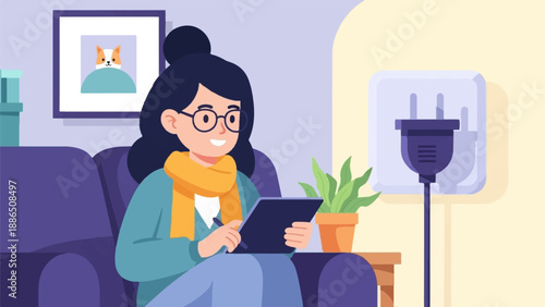 Person with tablet on couch, plant, framed picture, and plug