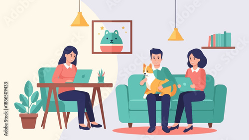 People working and relaxing at home with pets and technology