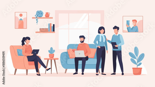 People working and relaxing in a cozy living room with laptops and plants