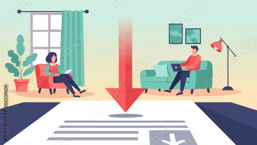 People working on laptops in a home setting with an arrow indicating download