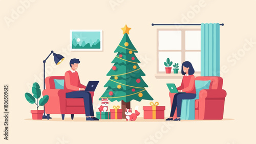 People working on laptops in a decorated room with a Christmas tree