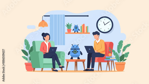 People working on laptops in a cozy room with robots