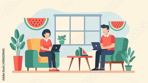 People working on laptops in a cozy room with fruit decor