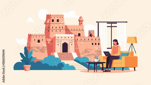 Person working on laptop on couch with castle in background