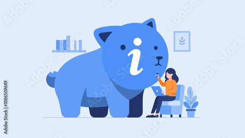 Person working on laptop next to large blue cartoon animal