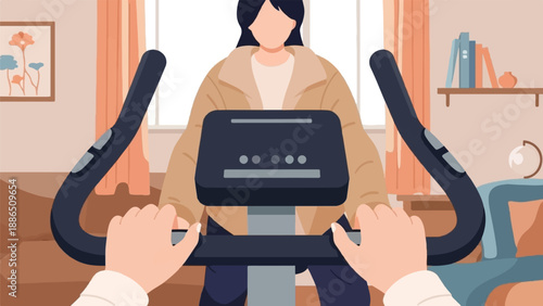 Person exercising indoors on a stationary bike in a cozy room