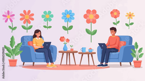 People working on laptops on couches with flowers and plants