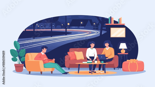 People working and relaxing in a living room with a city street view
