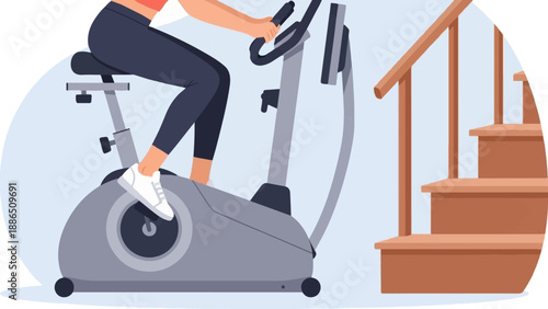 Person exercising on stationary bike beside wooden staircase