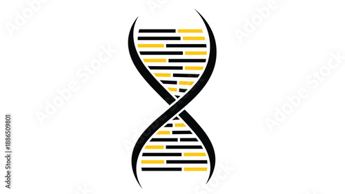 A stylized and simple icon of a DNA double helix structure with black and yellow bars representing genetic information.