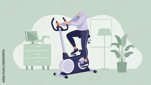 Person exercising on stationary bike in a minimalist room