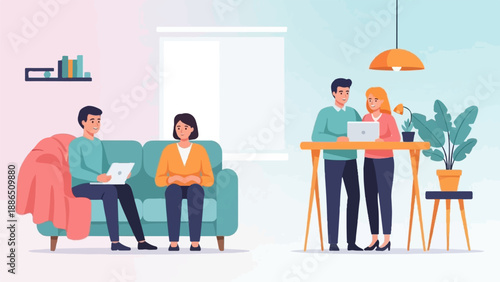 People working and relaxing in a modern, bright home office and living space